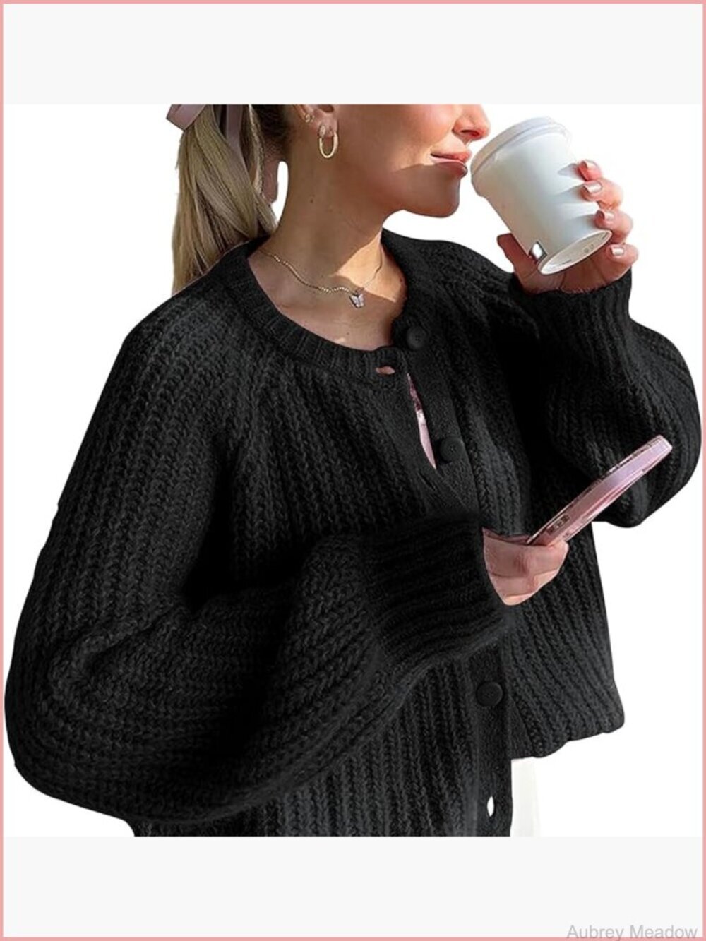 Crochet Chunky Knit Crew Neck Long Sleeve Button Down Cardigan Jacket